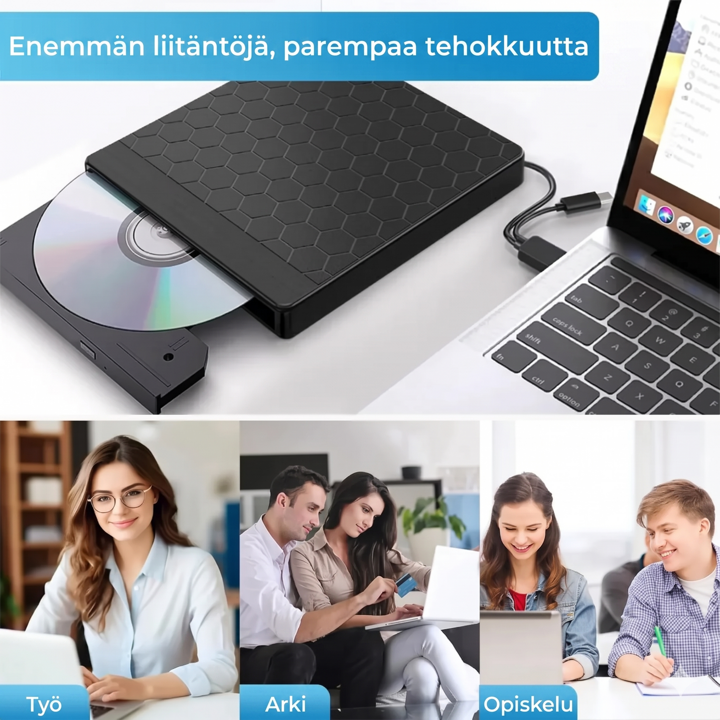 8-in-1 Ulkoinen CD/DVD-asema & USB-keskus – Plug & Play