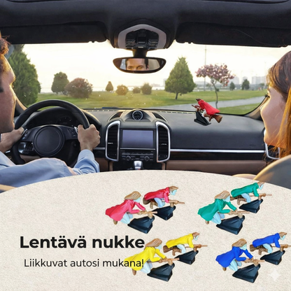 Maaginen luudanvarsikoriste auton kojelaudalle