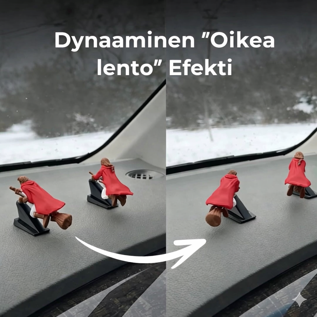 Maaginen luudanvarsikoriste auton kojelaudalle