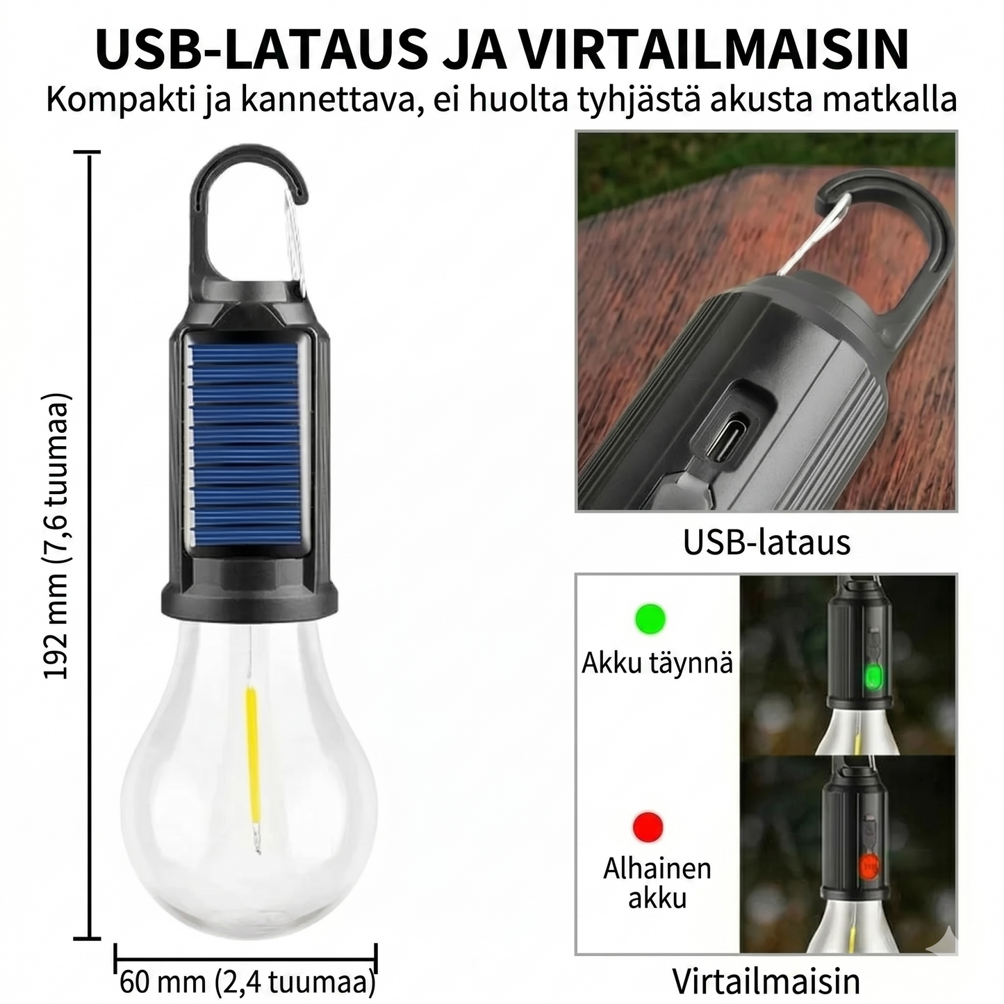 Aurinkoenergialla toimiva telttavalo (USB-ladattava LED-retkeilylyhty)