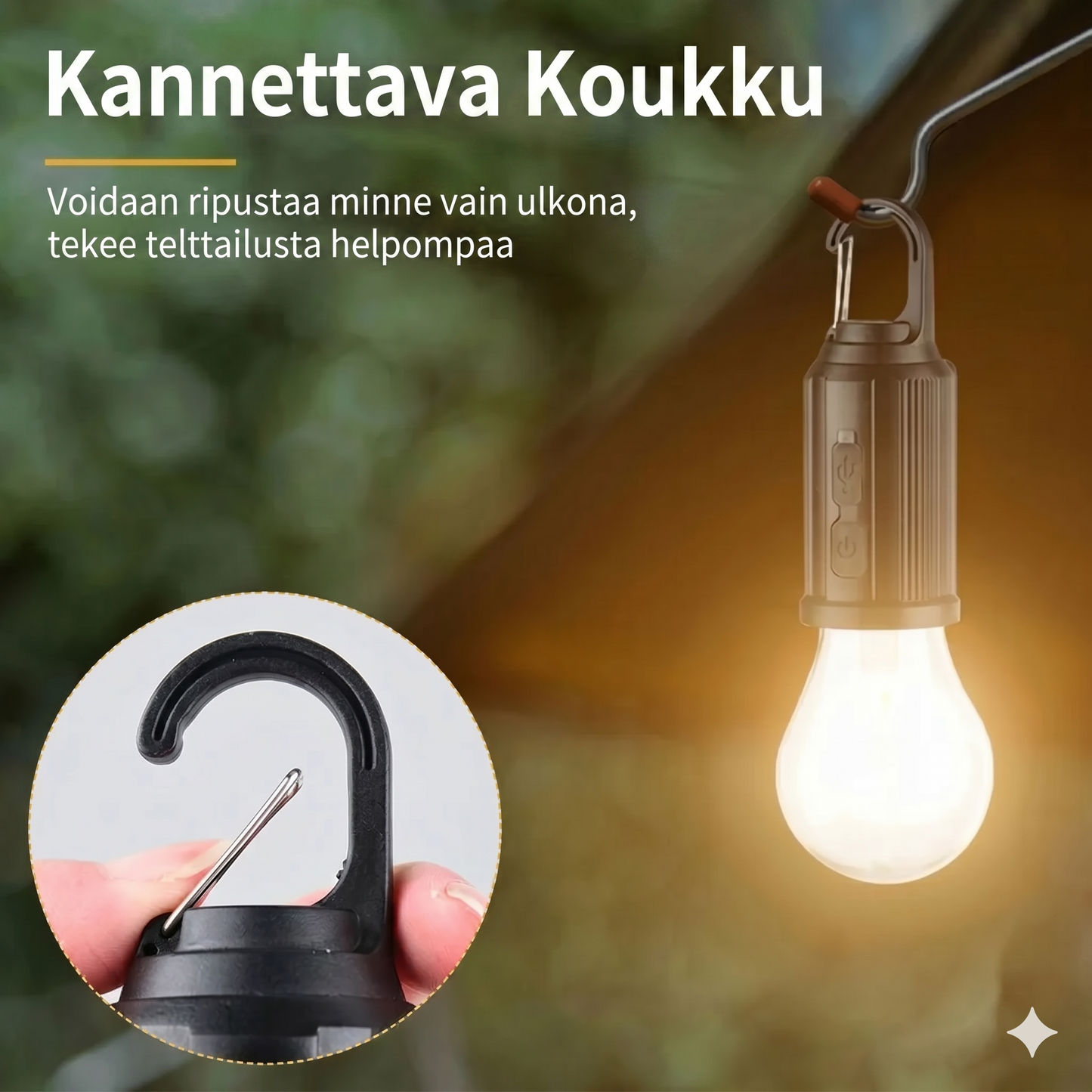 Aurinkoenergialla toimiva telttavalo (USB-ladattava LED-retkeilylyhty)