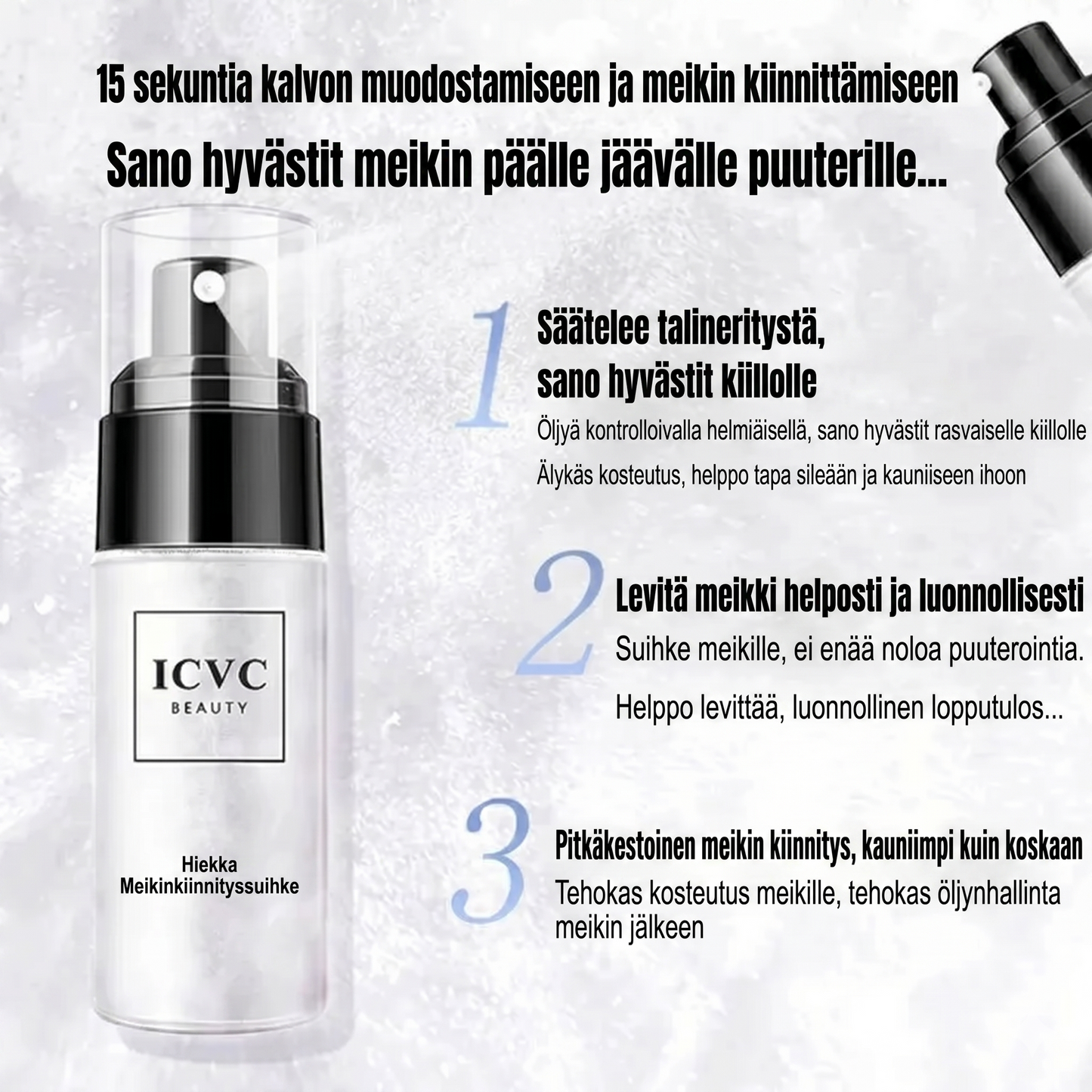 Mattaava vedenkestävä meikinkiinnityssuihke SPF 45 -suojakertoimella
