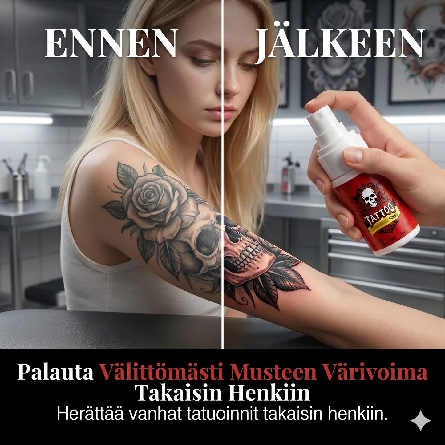 Kosteuttava suihke tatuoinnin jälkihoitoon