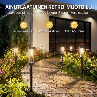 Aurinkoenergiakäyttöinen puutarhavalo – retro-muotoilu, 12–14 tunnin valaistus & IP65-vedenpitävä