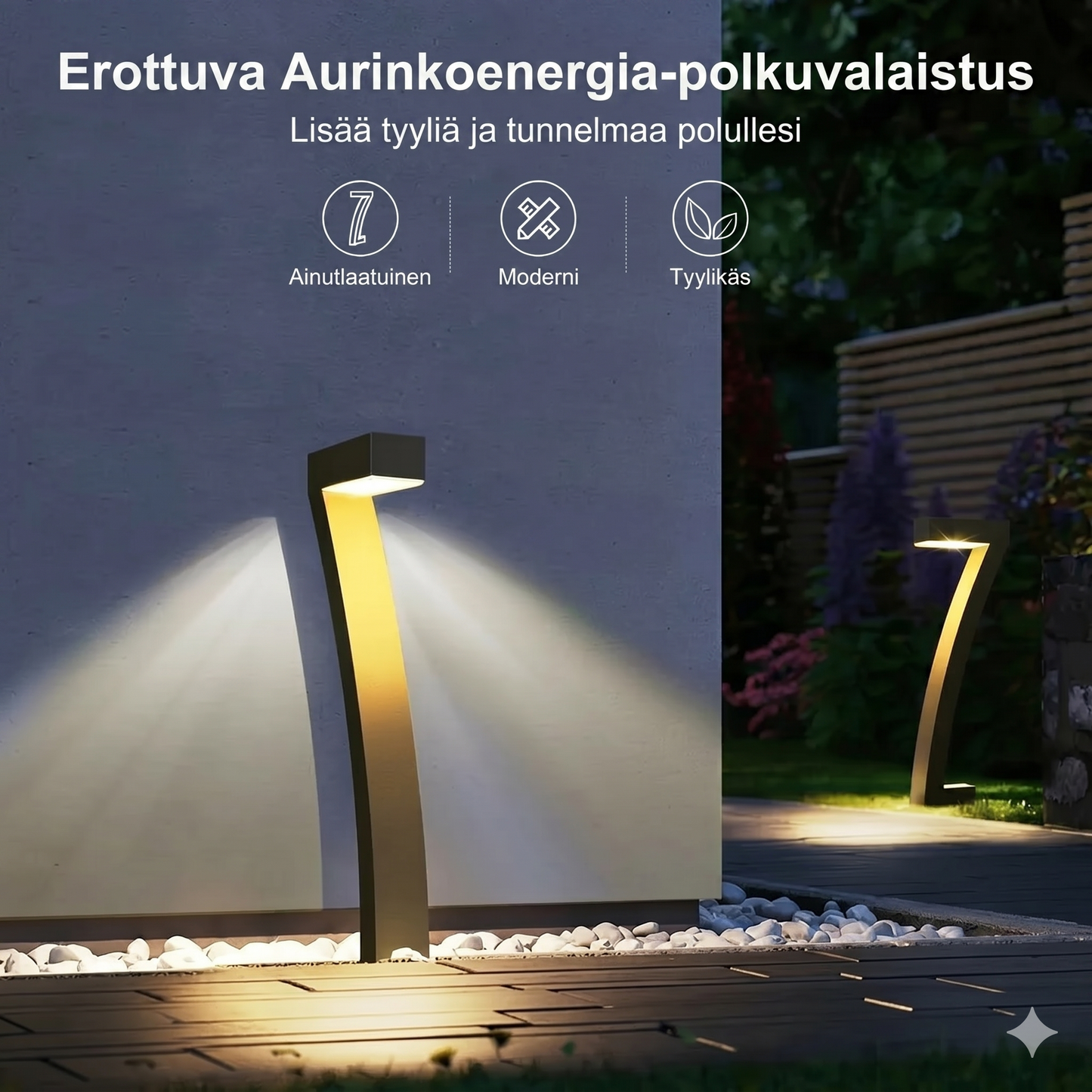 Luova, vedenpitävä aurinkokäyttöinen polkuvalaistus