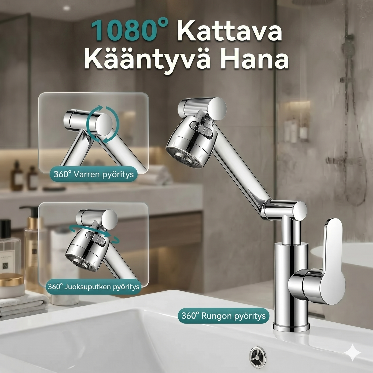 1080° kääntyvä hana, roiskumaton, kaksi vesisuihkutilaa