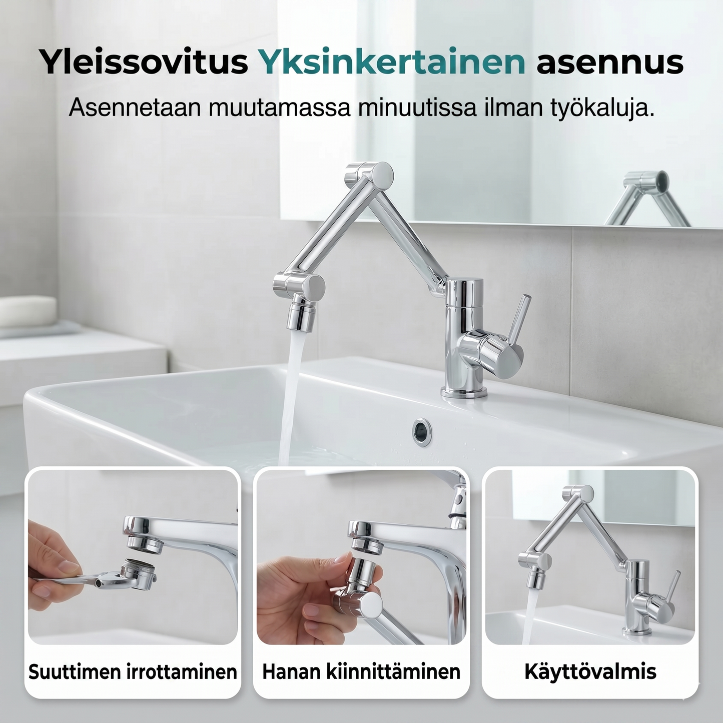 1080° kääntyvä hana, roiskumaton, kaksi vesisuihkutilaa