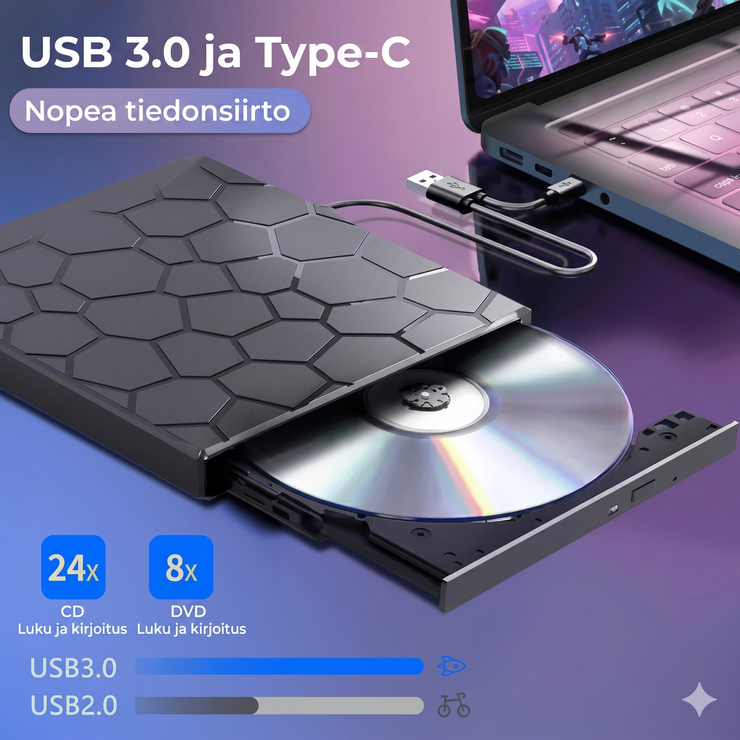 8-in-1 Ulkoinen CD/DVD-asema & USB-keskus – Plug & Play
