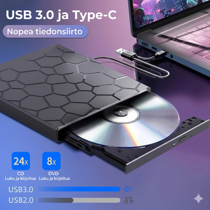 8-in-1 Ulkoinen CD/DVD-asema & USB-keskus – Plug & Play