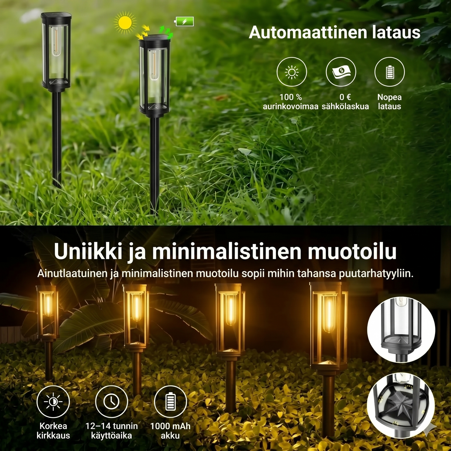 Aurinkoenergiakäyttöinen puutarhavalo – retro-muotoilu, 12–14 tunnin valaistus & IP65-vedenpitävä