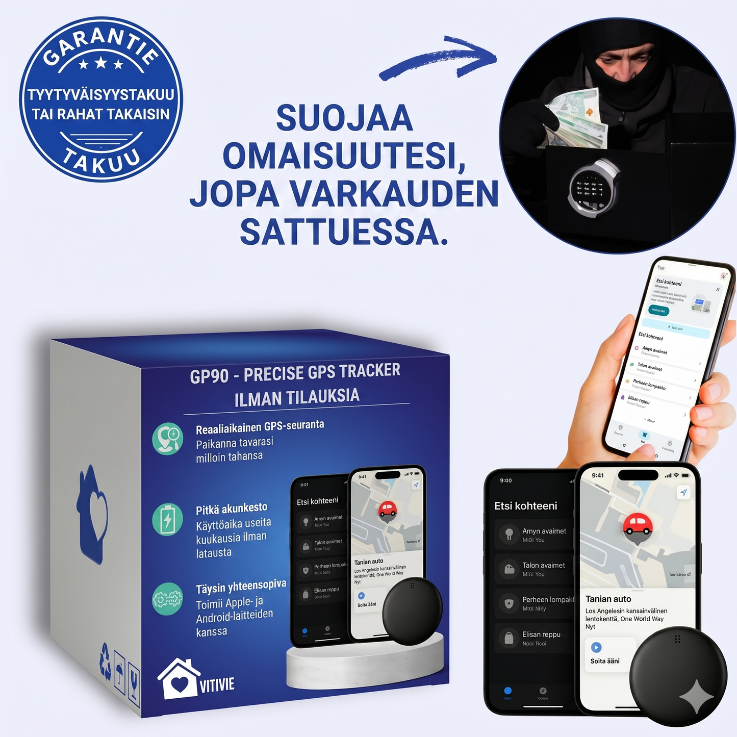 GP90 - Älykäs GPS-paikannin ilman kuukausimaksua (Android/Apple)