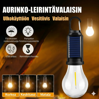 Aurinkoenergialla toimiva telttavalo (USB-ladattava LED-retkeilylyhty)
