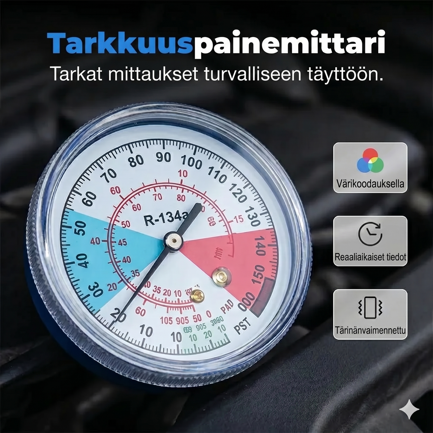 R134ailmastoinnin täyttöletku painemittarilla