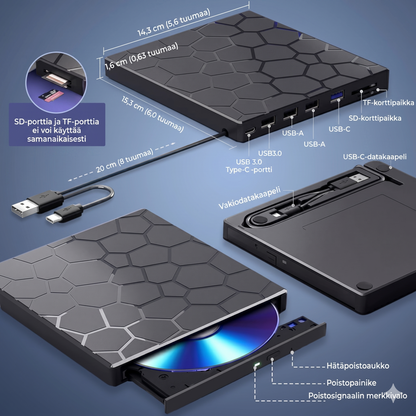 8-in-1 Ulkoinen CD/DVD-asema & USB-keskus – Plug & Play
