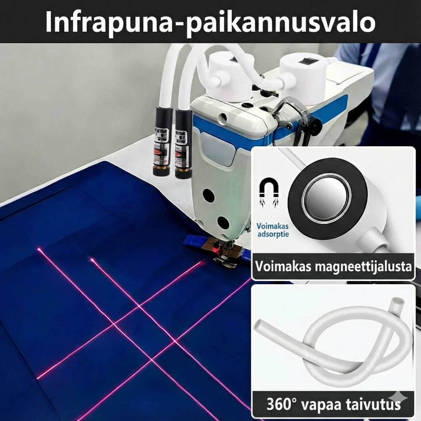 Magneettinen asemointipeittolamppu ompelukoneeseen