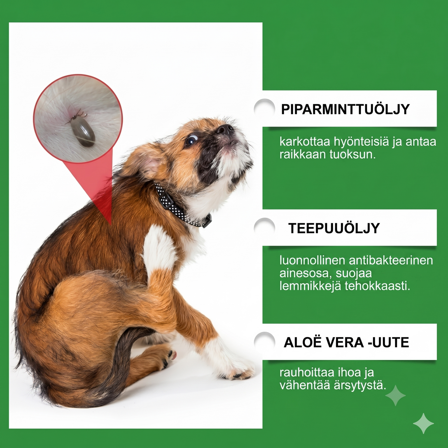 Luonnollinen kirppu- ja punkkisuihke koirille ja kissoille