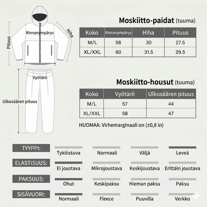 Kevyt hyttyspuku hupulla