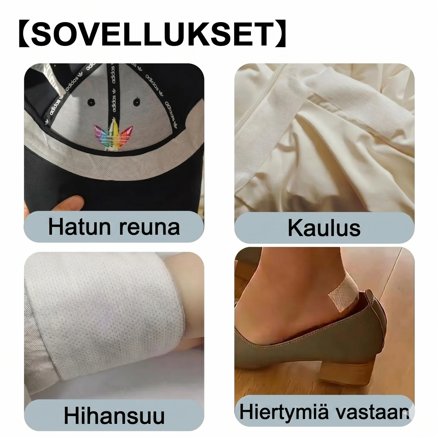 Huomaamattomat kertakäyttöiset hikisuojat kaulukselle ja hihansuille