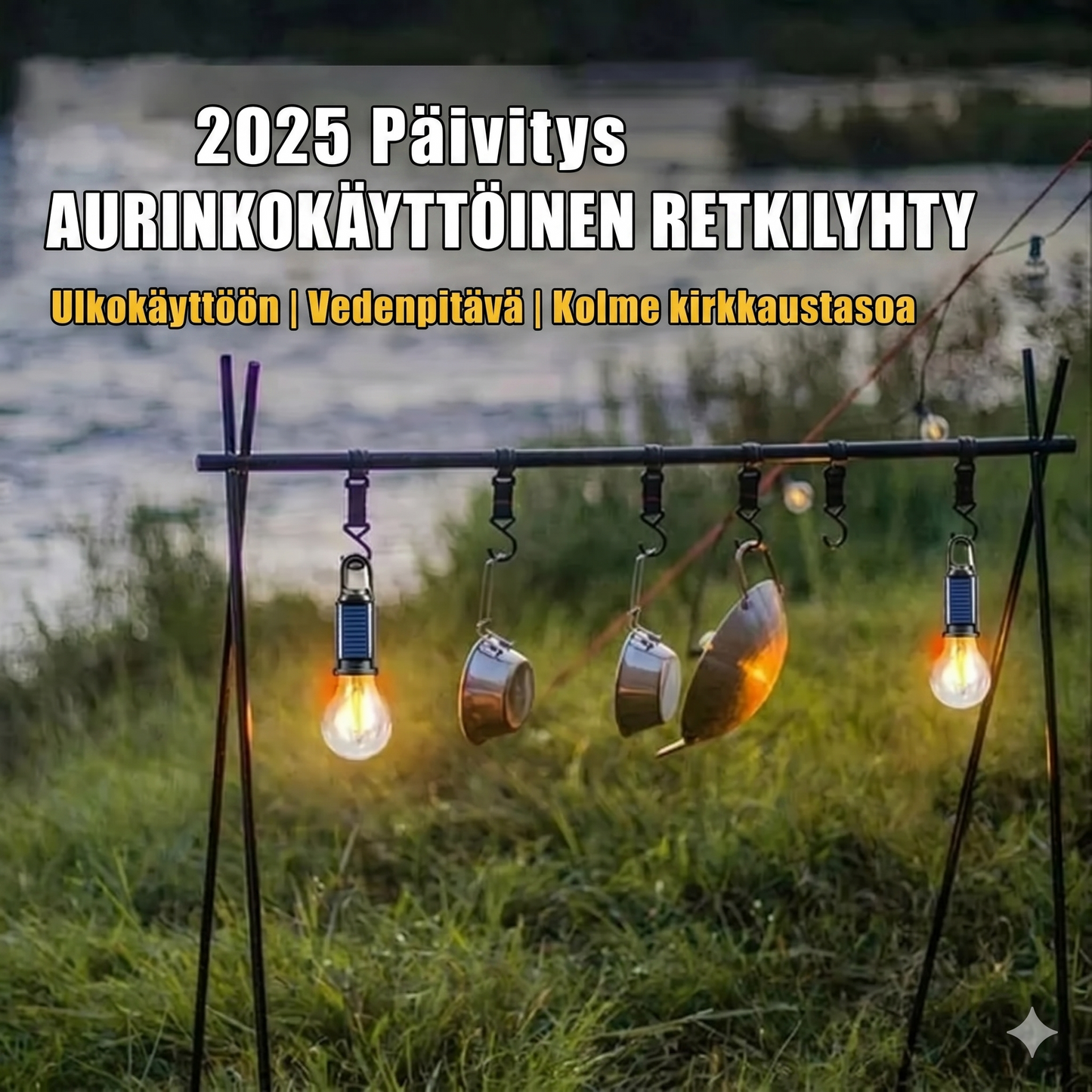 Aurinkoenergialla toimiva telttavalo (USB-ladattava LED-retkeilylyhty)