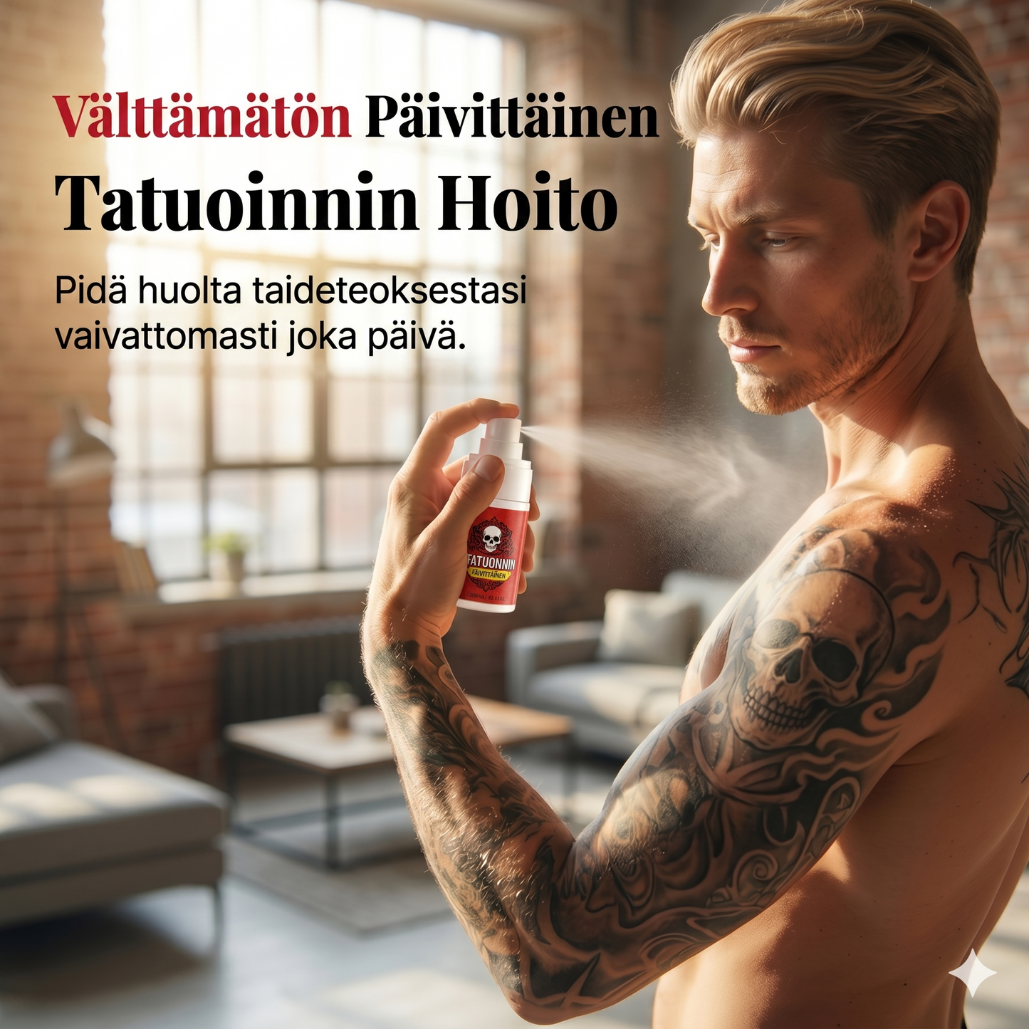 Kosteuttava suihke tatuoinnin jälkihoitoon